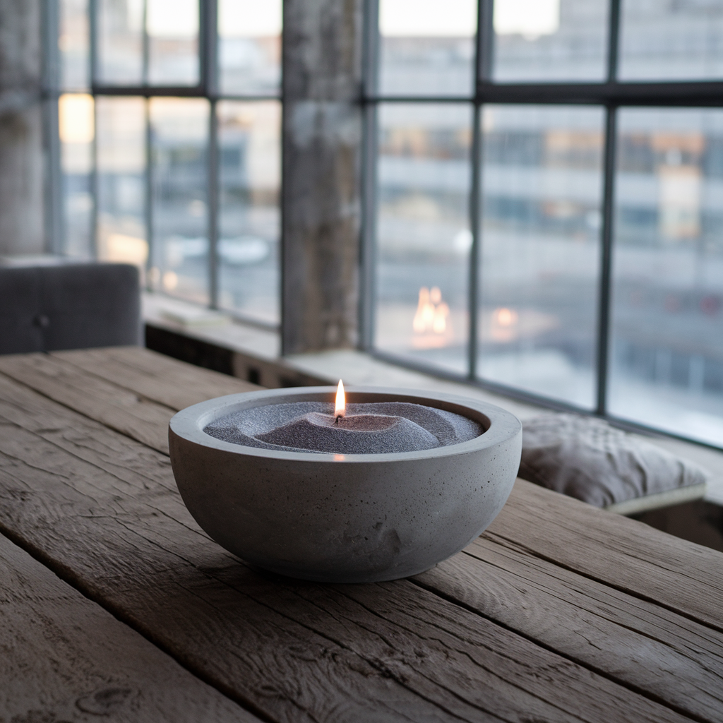 Brandende grijze kaars in een betonnen kom, geplaatst op een robuuste houten tafel in een modern industrieel interieur met grote ramen en uitzicht op een stedelijke omgeving.