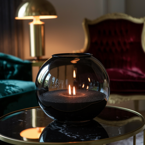 Stijlvolle zwarte glazen bol gevuld met zwart kaarsenzand en meerdere brandende lonten, geplaatst op een ronde zwarte marmeren tafel in een elegant interieur met een fluwelen rode stoel, groene zetel en een gouden tafellamp op de achtergrond.
