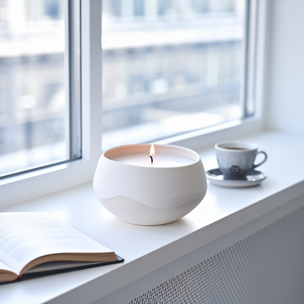 Een minimalistische vensterbank met een brandende witte keramische kaars, een open boek en een kopje espresso, met een stedelijk uitzicht op de achtergrond.