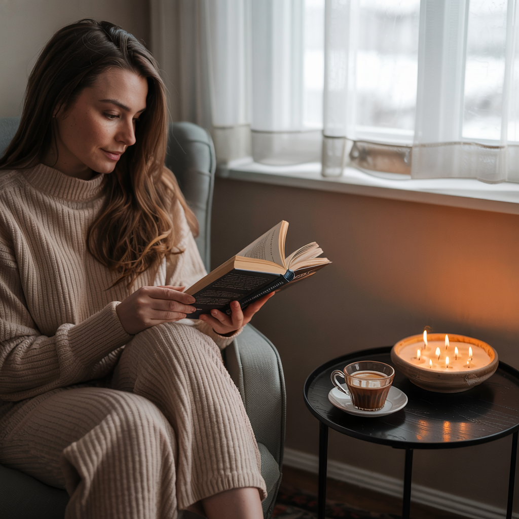 Vrouw in een comfortabele ribgebreide lounge-outfit leest een boek in een gezellige zithoek, naast een tafeltje met een brandende kaars in een komvormige houder en een kopje koffie.