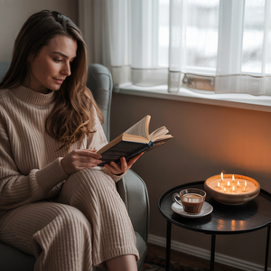Vrouw in een comfortabele ribgebreide lounge-outfit leest een boek in een gezellige zithoek, naast een tafeltje met een brandende kaars in een komvormige houder en een kopje koffie.