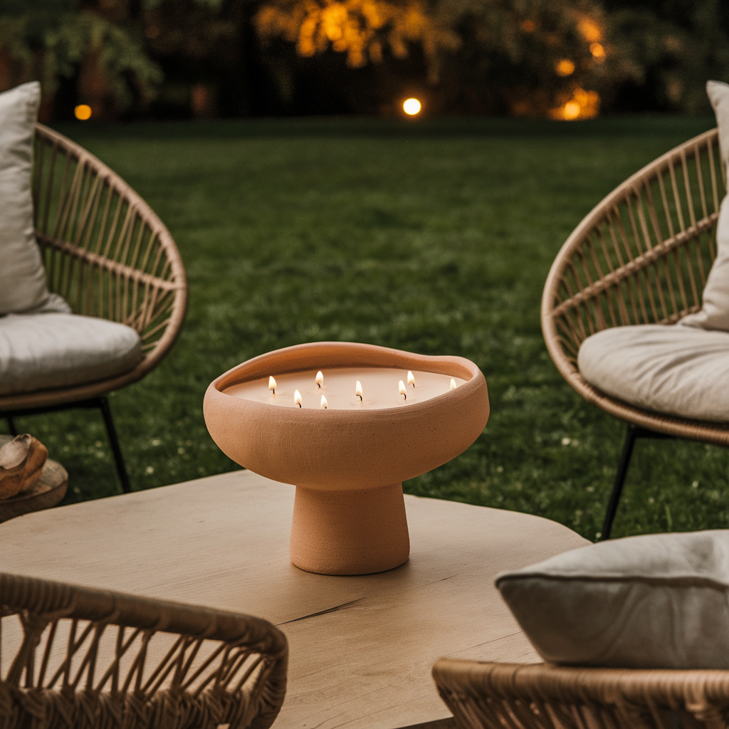 Moderne terracotta kom met meerdere brandende lonten, gevuld met kaarsenzand, geplaatst op een buitentafel in een sfeervol ingerichte tuin met rotan loungezetels en zacht avondlicht op de achtergrond.