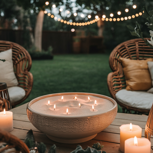 Bohemian stijl buitenopstelling met een decoratieve aardewerken schaal gevuld met kaarsenzand en meerdere brandende lonten, omringd door rotan stoelen, kussens en sfeerverlichting.
