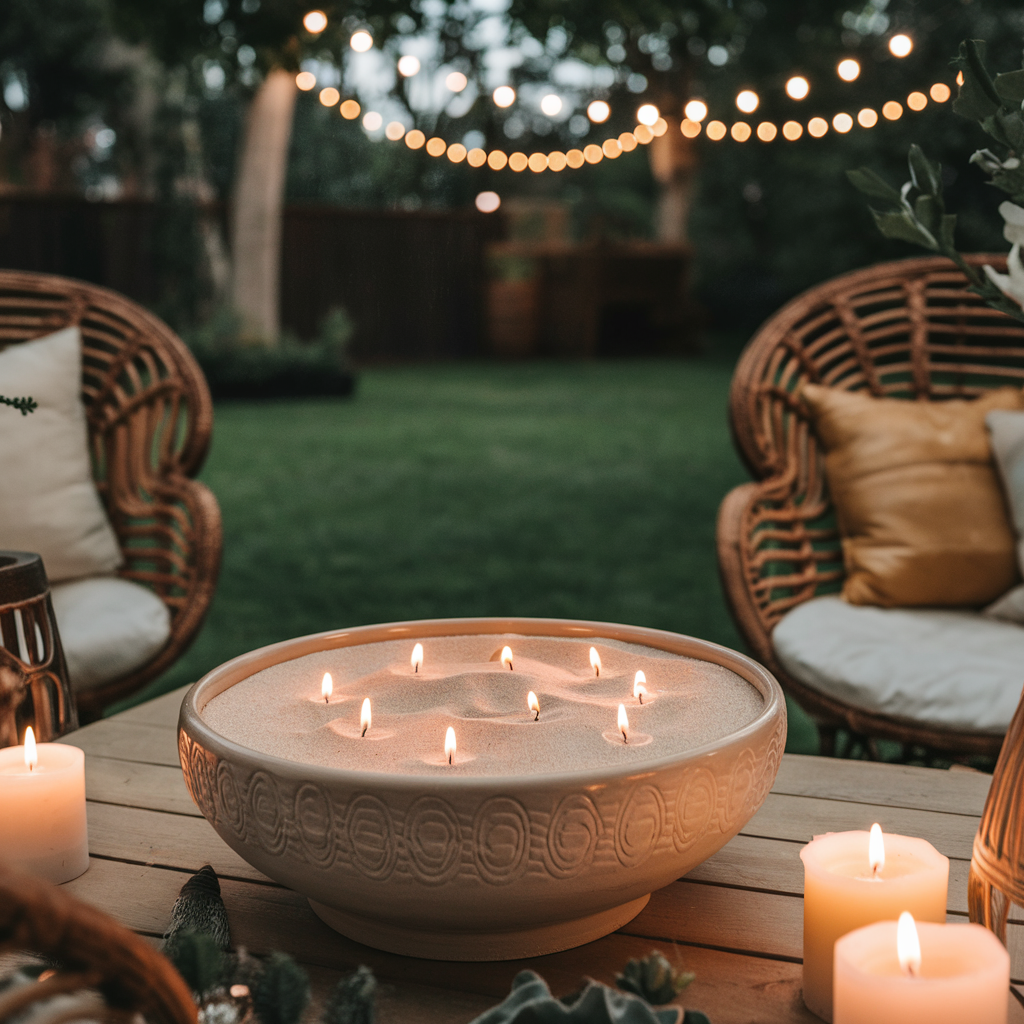 Grote sierlijke kom met brandend kaarsenzand en meerdere vlammetjes, geplaatst op een houten buitentafel in een gezellige tuinsetting met rotanstoelen, sierkussens en sfeervolle lichtslingers op de achtergrond.
