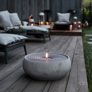 Grote betonnen kom gevuld met grijs kaarsenzand en een brandende lont, geplaatst op een houten terras in een stijlvolle tuin met loungebedden, sierkussens en sfeervolle lantaarns op de achtergrond.