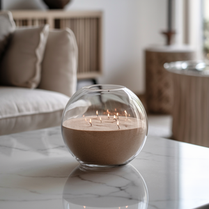 Elegante glazen vaas gevuld met kaarsenzand en meerdere brandende lonten, geplaatst op een marmeren salontafel in een stijlvol, minimalistisch interieur.