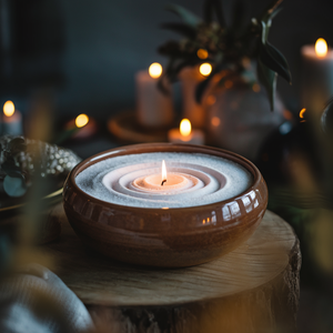 Sfeervolle brandende kaars in wit kaarsenzand, gepresenteerd in een glanzende bruine keramieken kom op een houten boomstamschijf, omringd door andere kaarsen, groene takjes en warme decoratie in een gezellige, intieme setting.