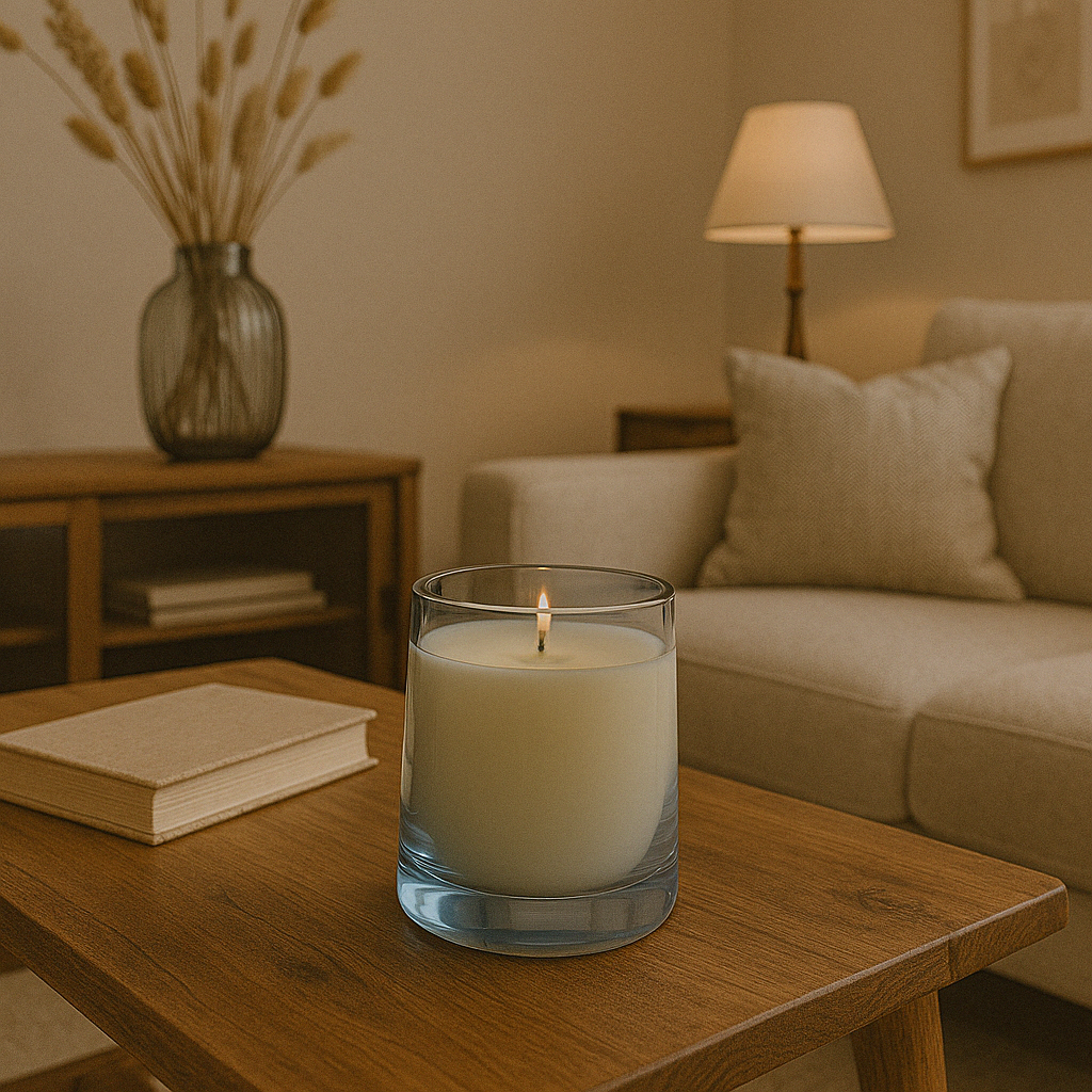 Geurkaars in een transparante grijsblauwe glazen houder brandend op een houten salontafel in een sfeervol interieur met beige zetel, sierkussens, tafellamp en decoratieve vaas met droogbloemen.