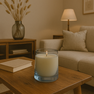 Geurkaars in een transparante grijsblauwe glazen houder brandend op een houten salontafel in een sfeervol interieur met beige zetel, sierkussens, tafellamp en decoratieve vaas met droogbloemen.