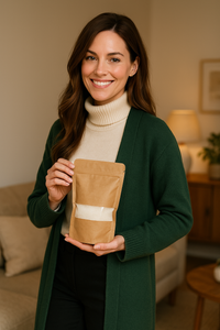 Vrouw in een groene cardigan en crèmekleurige coltrui poseert met een kraftpapieren zakje gevuld met wit kaarsenzand, in een gezellig en warm interieur.