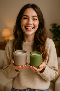 Lachende vrouw in een beige trui houdt twee geurkaarsen vast in stijlvolle glazen potjes, één groen en één taupe, in een warme en gezellige interieursetting.