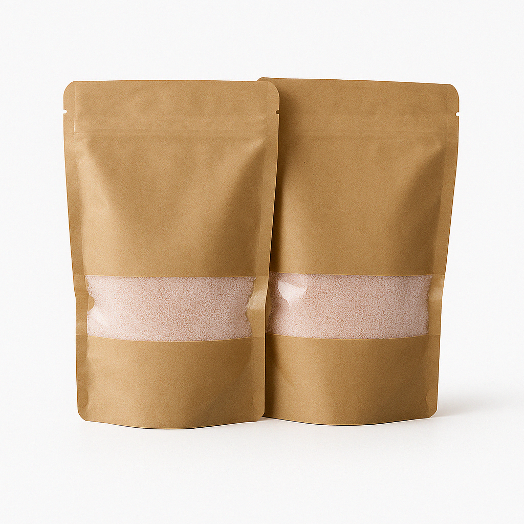 Twee kraft papieren zakken met transparant venster gevuld met rozekaarsenzand, gepresenteerd op een strakke, lichtgrijze ondergrond. Dit product is beschikbaar in vijf kleuren: wit, zwart, grijs, beige en roze.