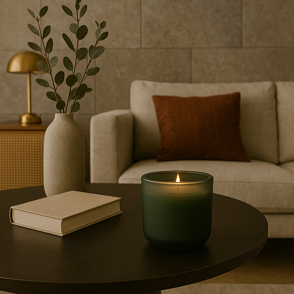Groene geurkaars brandend op een donkere houten salontafel, naast een beige boek en keramische vaas met eucalyptus, in een stijlvol interieur met beige zetel, roestkleurig sierkussen, messing tafellamp en een wand bekleed met grote natuurstenen tegels.