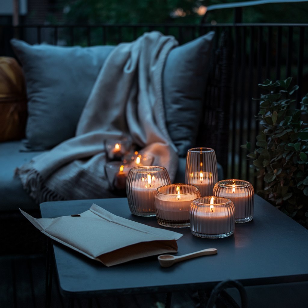 Gezellige avondsfeer op een terras met meerdere brandende kaarsen in glazen potjes op een zwarte tafel, naast een houten lepel en papieren zakje. Op de achtergrond ligt een beige plaid op een loungebank met kussens, wat zorgt voor een warme en knusse ambiance.