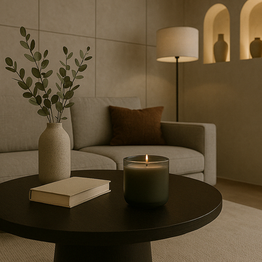 Grijs-groene geurkaars brandend op een ronde zwarte salontafel, naast een beige boek en keramische vaas met eucalyptus, in een stijlvol interieur met lichtgrijze zetel, roestkleurig sierkussen, moderne vloerlamp en nisjes met decoratieve vazen in een strakke wandafwerking.