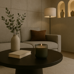 Grijs-groene geurkaars brandend op een ronde zwarte salontafel, naast een beige boek en keramische vaas met eucalyptus, in een stijlvol interieur met lichtgrijze zetel, roestkleurig sierkussen, moderne vloerlamp en nisjes met decoratieve vazen in een strakke wandafwerking.