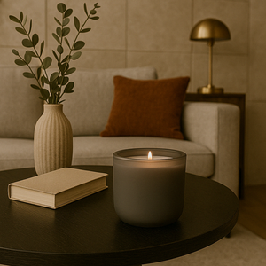 Grijze geurkaars brandend op een ronde zwarte salontafel, naast een beige boek en geribbelde keramische vaas met eucalyptus, in een stijlvol interieur met lichtgrijze zetel, roestkleurig sierkussen, messing tafellamp en een wand met beige tegelstructuur.