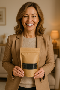 Vrouw in een beige outfit en blazer glimlacht terwijl ze een kraftpapieren zakje met zwart kaarsenzand vasthoudt, in een sfeervolle woonkamer met warme verlichting.
