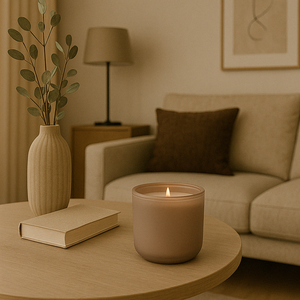 Taupekleurige geurkaars brandend op een ronde, licht houten salontafel, met een beige boek en keramische vaas met eucalyptus, in een stijlvol interieur met beige zetel, bruin sierkussen, tafellamp en abstracte wanddecoratie.