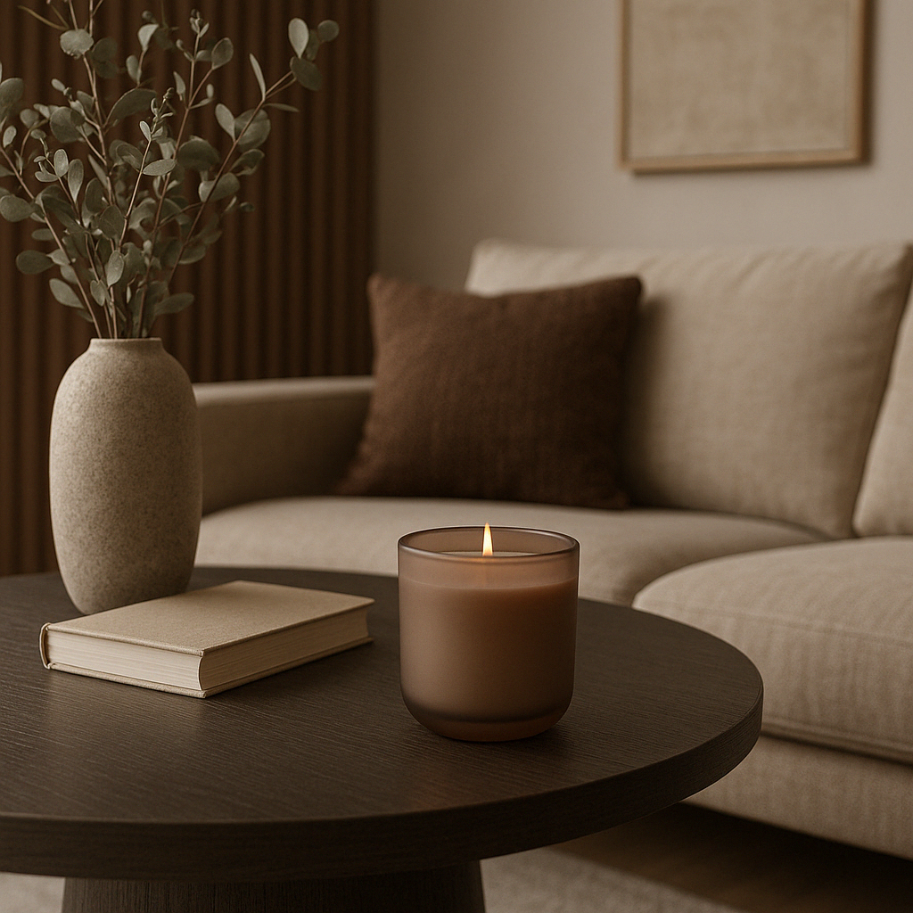 Brandende bruin-beige geurkaars op een donkere houten salontafel in een stijlvol interieur met beige zetel, bruin sierkussen, keramische vaas met eucalyptus en een gesloten boek.
