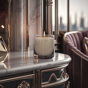 Brandende geurkaars in een luxe glazen houder, stijlvol geplaatst op een marmeren tafel met gouden accenten, in een elegant en sfeervol interieur.
