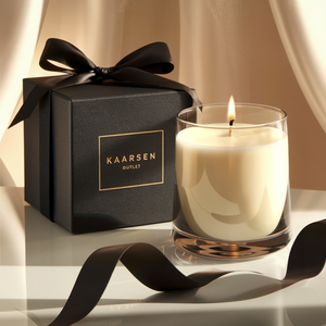 Luxe geurkaars in een glazen houder, gepresenteerd naast een elegante zwarte geschenkdoos met gouden details en een satijnen lint, ideaal als cadeau.