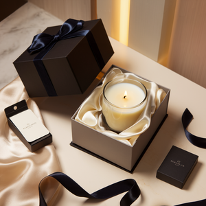 Luxe geschenkset met een brandende geurkaars in een glazen houder, stijlvol gepresenteerd in een doos met zijdevoering. Vergezeld door een elegante zwarte cadeaudoos met een satijnen lint en luxe verpakkingsdetails.