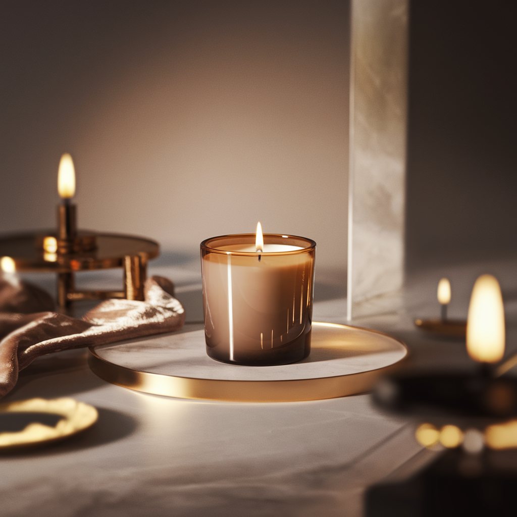 Een elegante brandende geurkaars in een amberkleurig glas, geplaatst op een gouden schaal. De warme verlichting en luxe decoratieve elementen creëren een sfeervolle, chique ambiance.