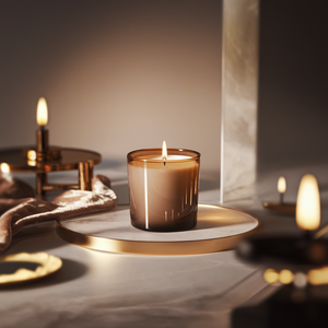 Een elegante brandende geurkaars in een amberkleurig glas, geplaatst op een gouden schaal. De warme verlichting en luxe decoratieve elementen creëren een sfeervolle, chique ambiance.