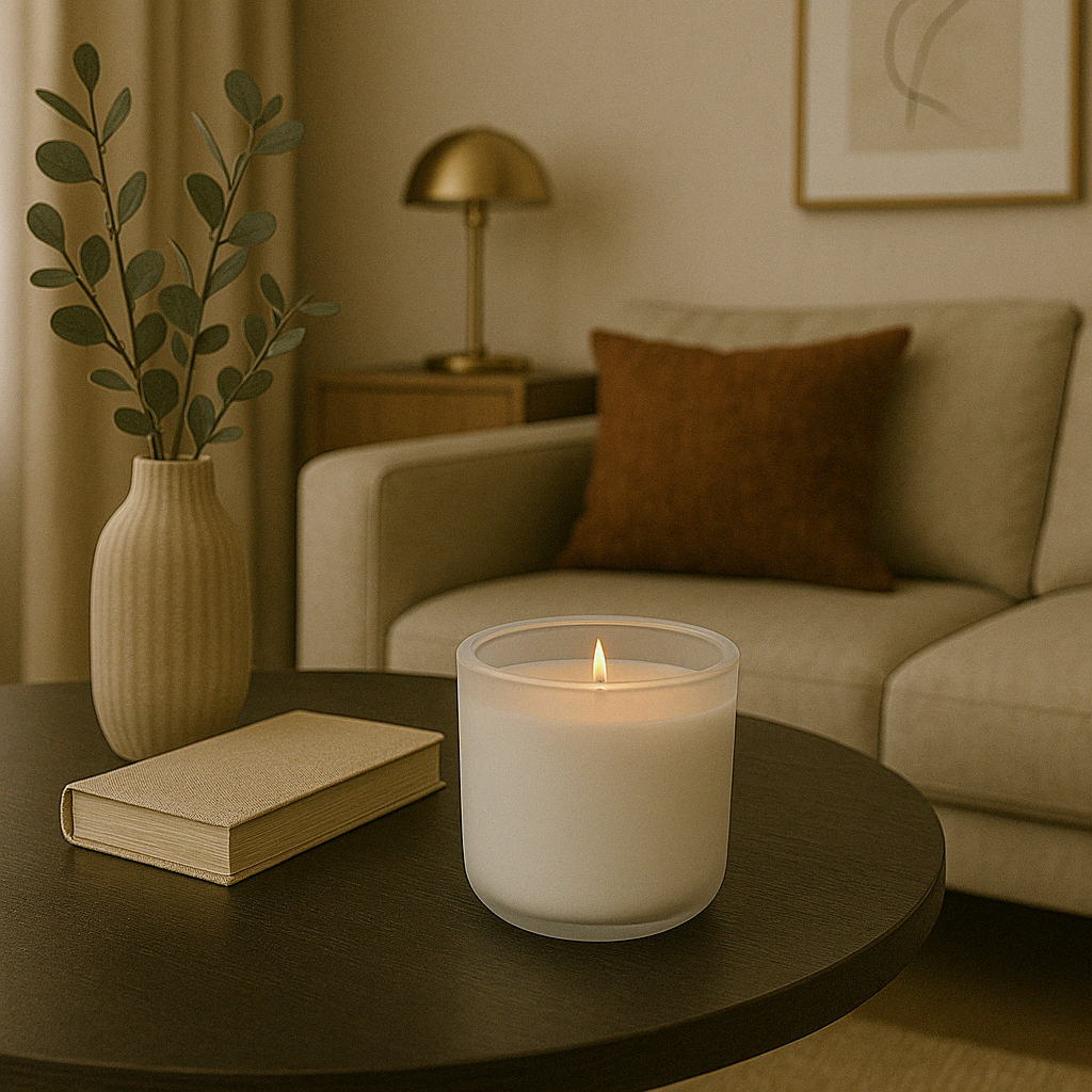 Witglazen geurkaars brandend op een donkere houten salontafel, naast een beige boek en geribbelde keramische vaas met eucalyptus, in een stijlvol interieur met beige zetel, roestkleurig sierkussen, gouden tafellamp en abstracte wanddecoratie.