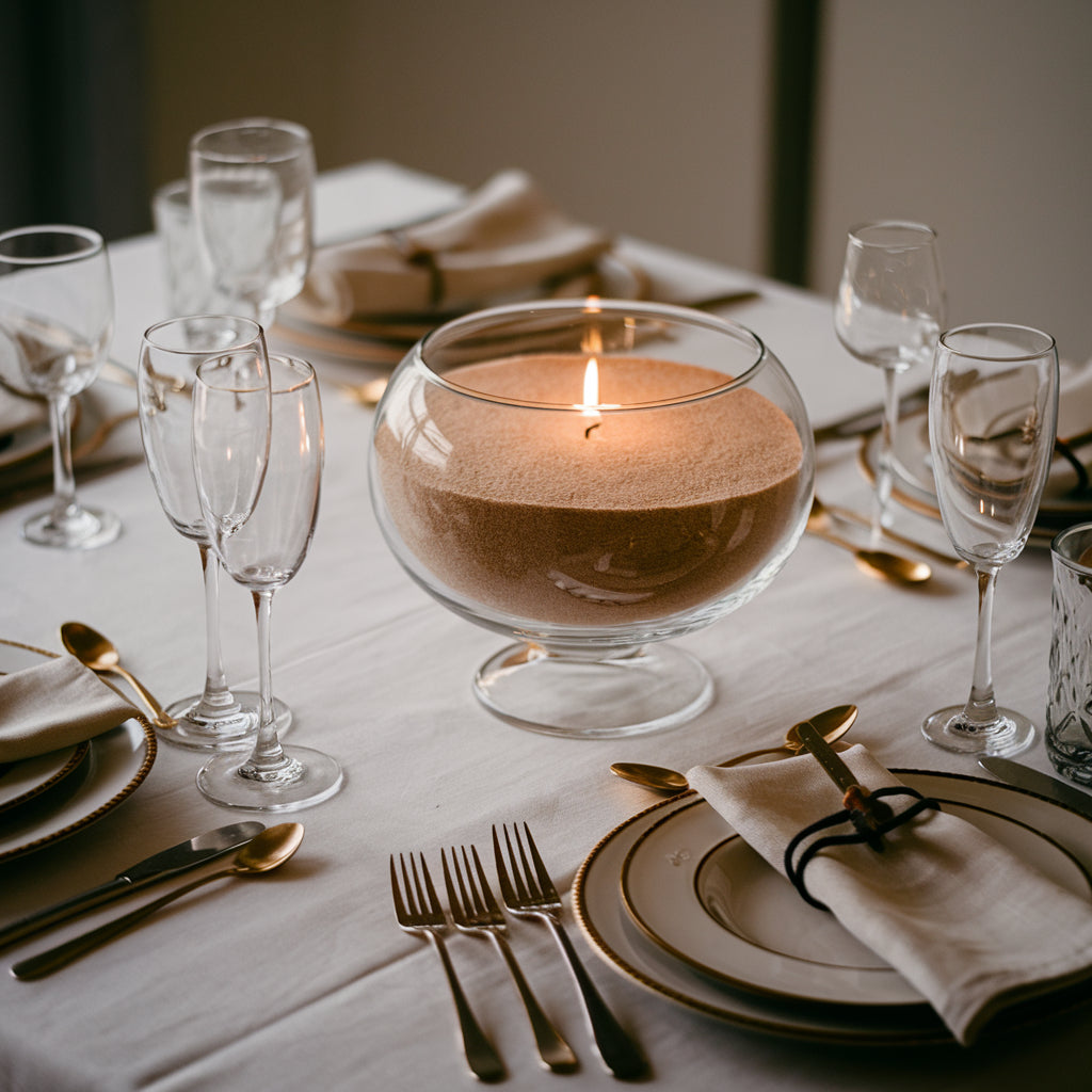 Stijlvol gedekte eettafel met een brandende kaars in een grote glazen kom gevuld met beige kaarsenzand, omringd door elegant servies, goudkleurig bestek en glazen, op een witte tafellaken voor een feestelijke of formele gelegenheid.