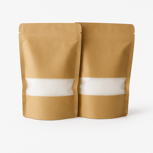 Twee kraft papieren zakken met transparant venster gevuld met wit kaarsenzand, gepresenteerd op een strakke, lichtgrijze ondergrond. Dit product is beschikbaar in vijf kleuren: wit, zwart, grijs, beige en roze.