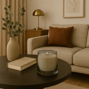 Brandende geurkaars in een grijs rookglas op een donkerhouten salontafel, met een beige boek en keramische vaas met eucalyptus, in een stijlvol interieur met beige zetel, roestkleurig sierkussen, gouden tafellamp en abstract kunstwerk op de muur.