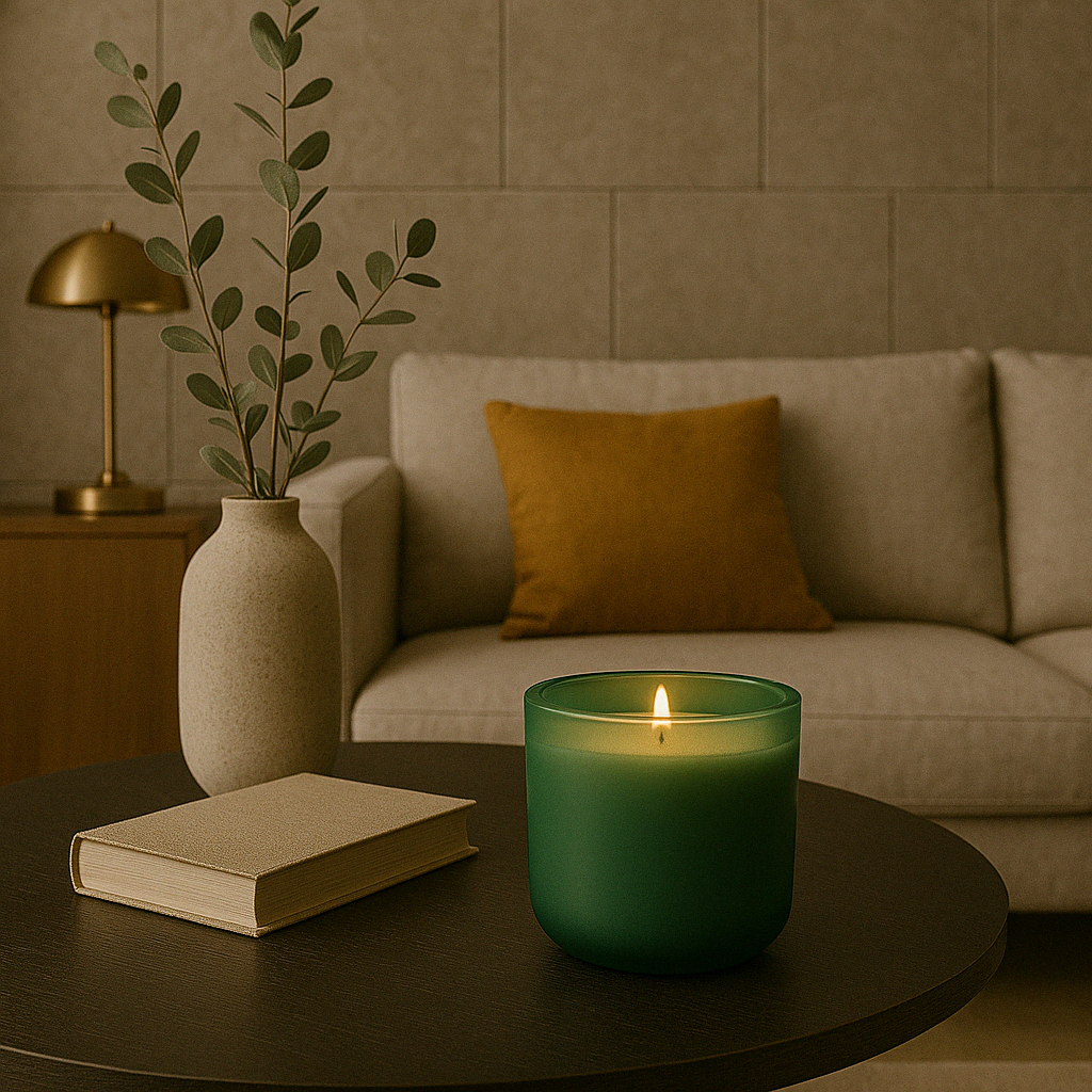 "Donkergroene geurkaars brandend op een ronde donkere houten salontafel, naast een beige boek en keramische vaas met eucalyptus, in een stijlvol interieur met lichtgrijze zetel, okergeel sierkussen, messing tafellamp en een wand met grote natuurstenen tegels.