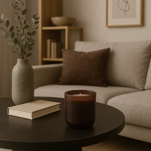 Donkerbruine geurkaars op een ronde zwarte salontafel in een sfeervol interieur met beige zetel, bruin sierkussen, keramische vaas met eucalyptus en een gesloten boek, met houten wandrek op de achtergrond.
