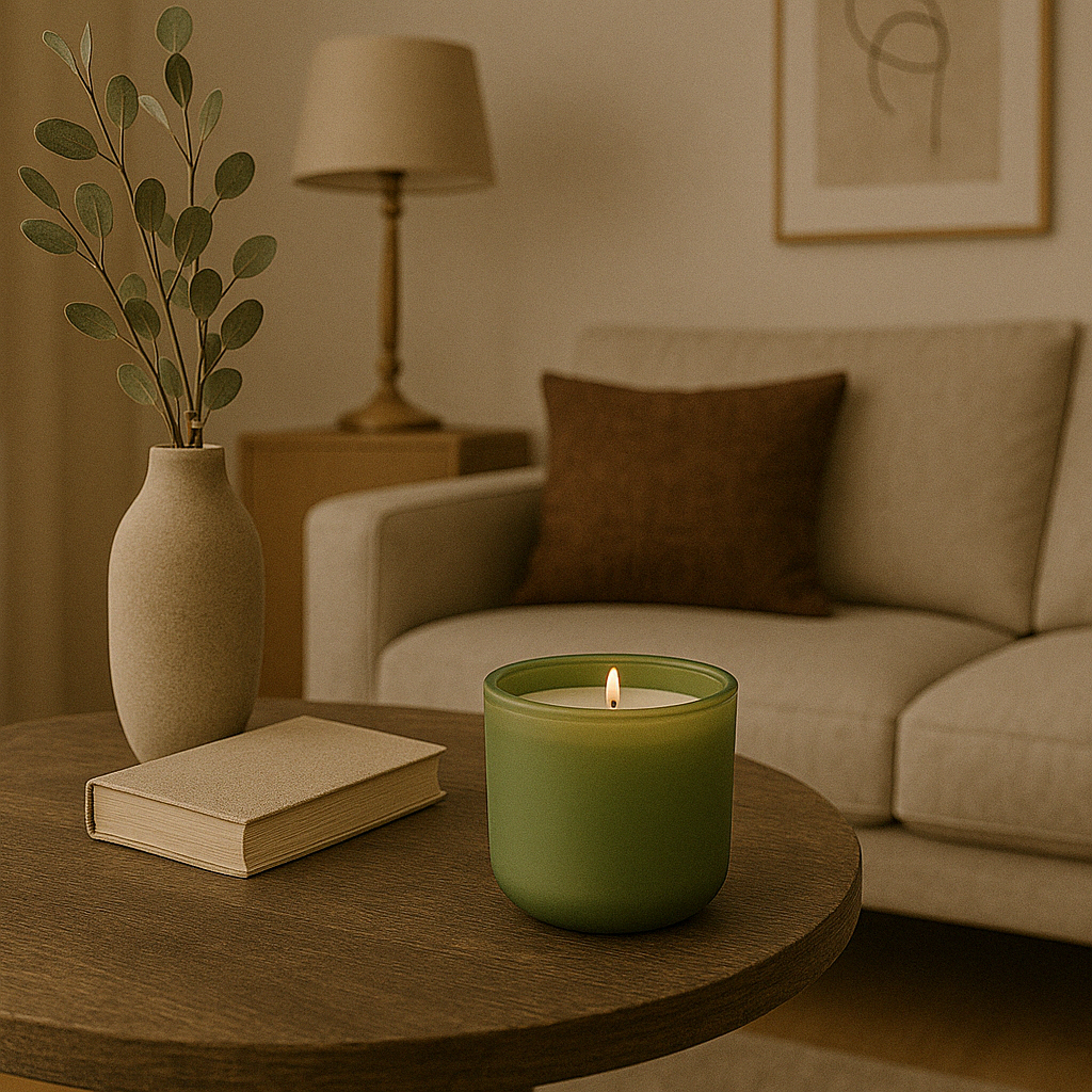 Lichtgroene geurkaars brandend op een ronde, rustieke houten salontafel, met een beige boek en keramische vaas met eucalyptus, in een stijlvol interieur met beige zetel, bruin sierkussen, tafellamp en abstracte wanddecoratie.