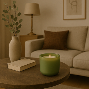 Lichtgroene geurkaars brandend op een ronde, rustieke houten salontafel, met een beige boek en keramische vaas met eucalyptus, in een stijlvol interieur met beige zetel, bruin sierkussen, tafellamp en abstracte wanddecoratie.