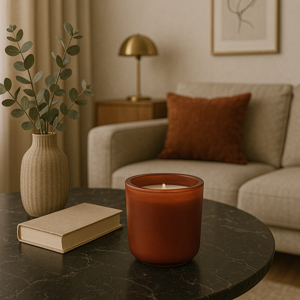 Roodbruine geurkaars op een zwart marmeren salontafel in een stijlvol interieur met beige zetel, roestkleurig sierkussen, gouden tafellamp, vaas met eucalyptus en een gesloten boek.