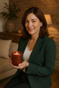 Vrouw in een groene blazer houdt een brandende geurkaars in een terracottakleurig glazen potje vast, zittend in een sfeervol verlichte woonkamer met een warme, rustieke uitstraling.
