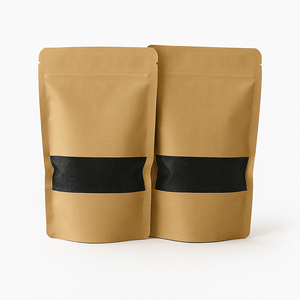 Twee kraft papieren zakken met transparant venster gevuld met zwart kaarsenzand, gepresenteerd op een strakke, lichtgrijze ondergrond. Dit product is beschikbaar in vijf kleuren: wit, zwart, grijs, beige en roze.