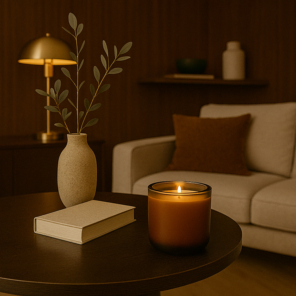 Amberkleurige geurkaars brandend op een zwarte houten salontafel, naast een beige boek en keramische vaas met eucalyptus, in een sfeervol interieur met lichtgrijze zetel, roestkleurig sierkussen, messing tafellamp en een houten wand met decoratieve plank.