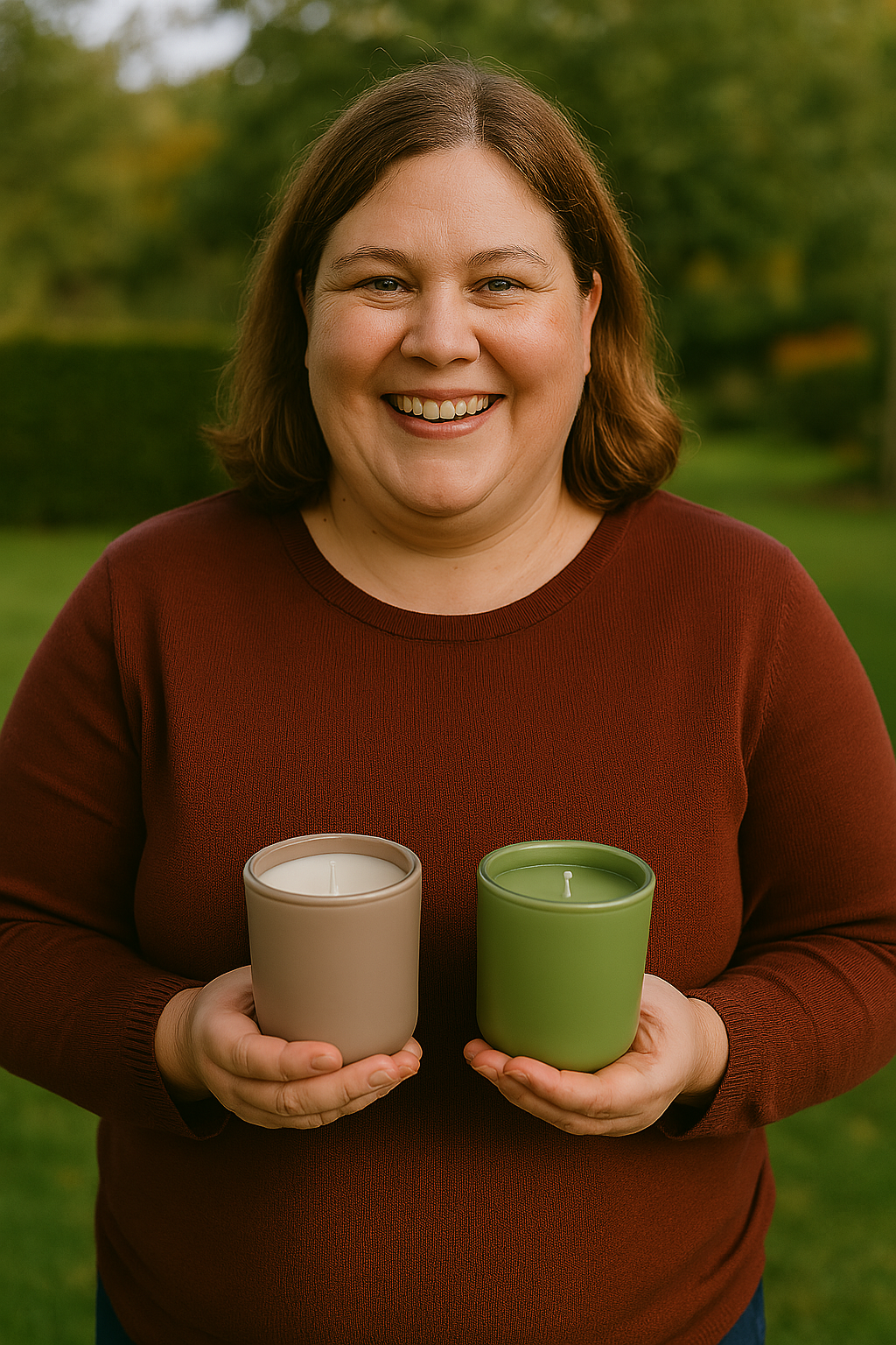 Vrouw van 43 jaar met een warme glimlach, gekleed in een bordeaux trui, staat in een groene tuin en houdt twee geurkaarsen vast in een taupe en groene glazen houder.