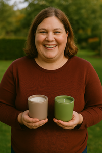 Vrouw van 43 jaar met een warme glimlach, gekleed in een bordeaux trui, staat in een groene tuin en houdt twee geurkaarsen vast in een taupe en groene glazen houder.