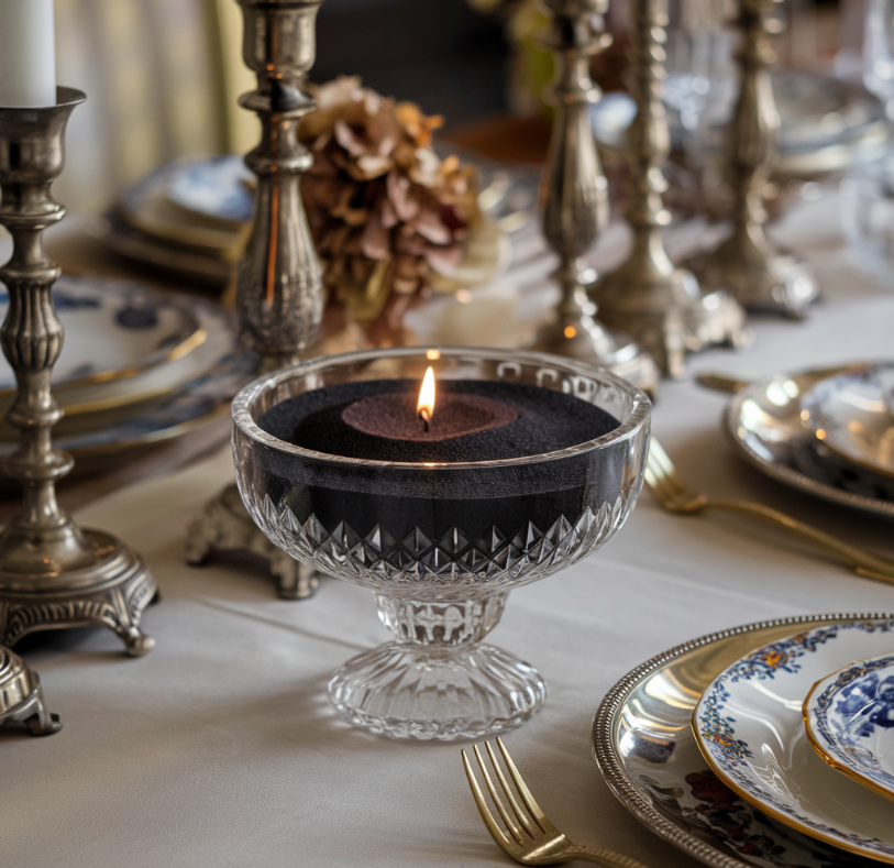 Elegant gedekte tafel met een brandende kaars in zwart kaarsenzand, gepresenteerd in een kristallen coupeglas. De tafel is versierd met zilveren kandelaars, porseleinen borden met bloemenmotief en gouden bestek, wat zorgt voor een luxueuze en feestelijke sfeer.